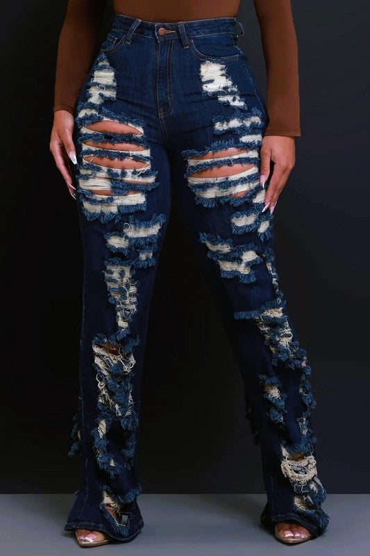 Tasha High Rise Wide Leg Distressed Flare Jeans