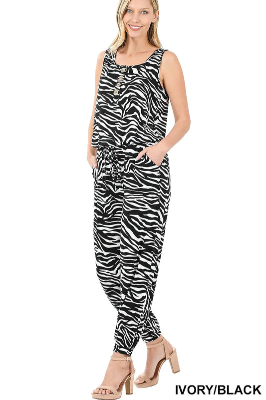 Safari Stride Zebra Print Sleeveless Jogger Jumpsuit with Pockets