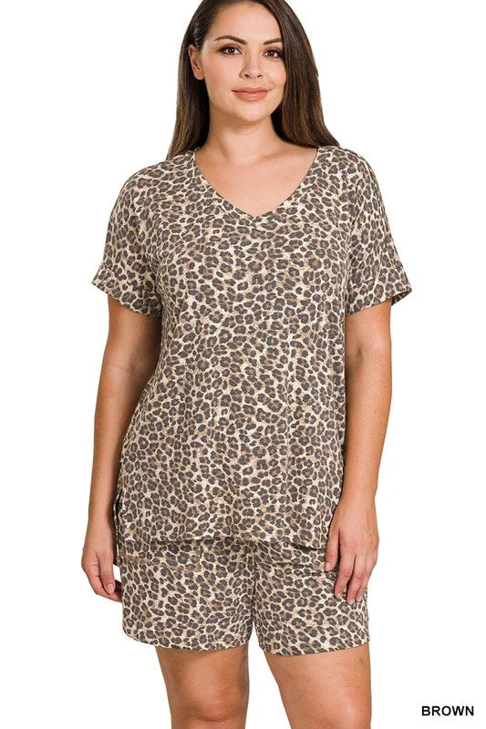 Precious Kitty Leopard Print Short Sleeve Top & Shorts Set - Plus Size