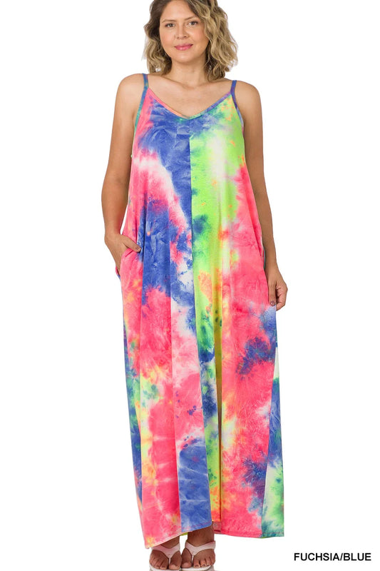 FRENCH TERRY TIE DYE V-NECK CAMI MAXI DRESS WITH SIDE POCKETS